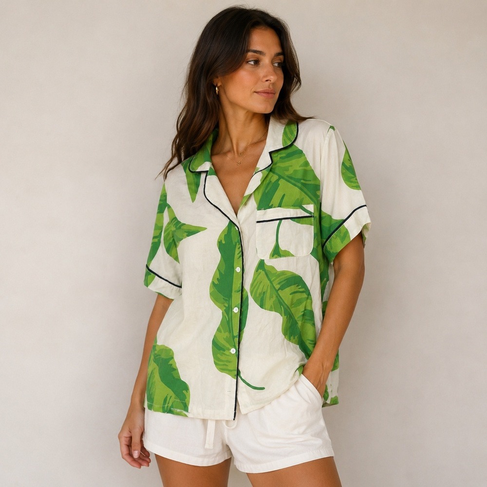 Katie Kime Banana Leaf Pajama Top L Green White 100% Cotton Tropical Resort